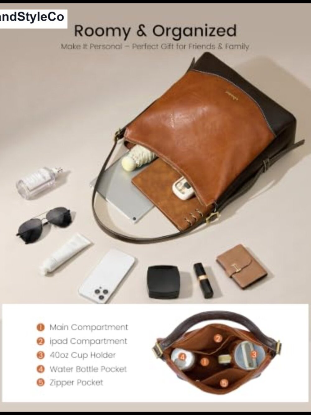 Vegan Leather Hobo Bag with Cup Holder, Adjustable Crossbody Strap - Picture 2 of 6